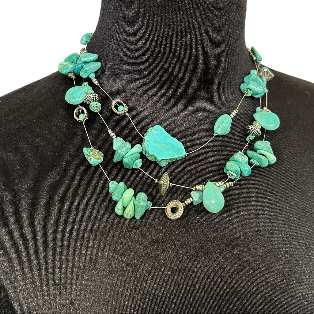 Chicos Statement Necklace Turquoise Shapes On 3 Silver Strands Up To 19 Open 18$